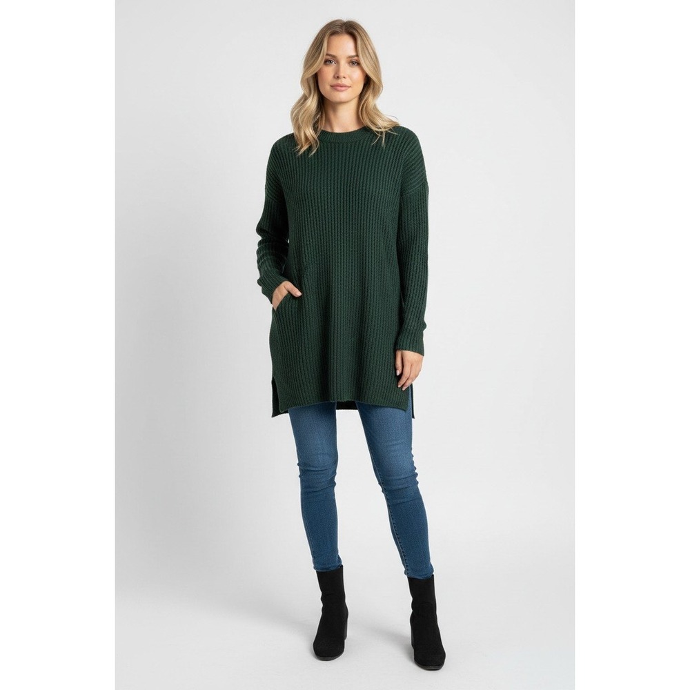 Silk Blend Tunic Sweater Long Sleeve Large Forest Green Minimalist Academia